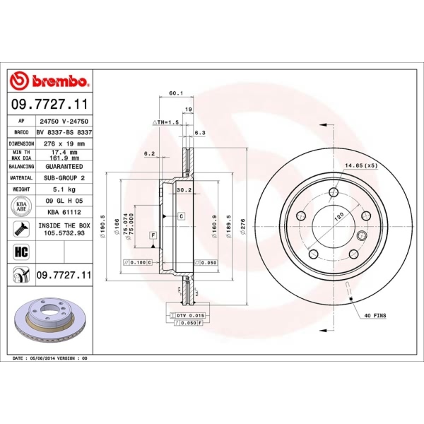 brembo UV Coated Series Vented Rear Brake Rotor 09.7727.11