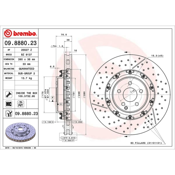 brembo OE Replacement Drilled and Slotted Vented Front Brake Rotor 09.8880.23