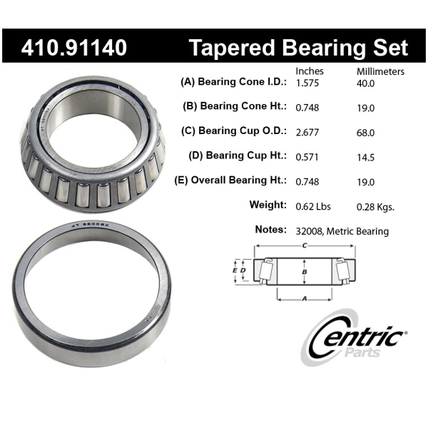 Centric Premium™ Front Passenger Side Inner Wheel Bearing and Race Set 410.91140