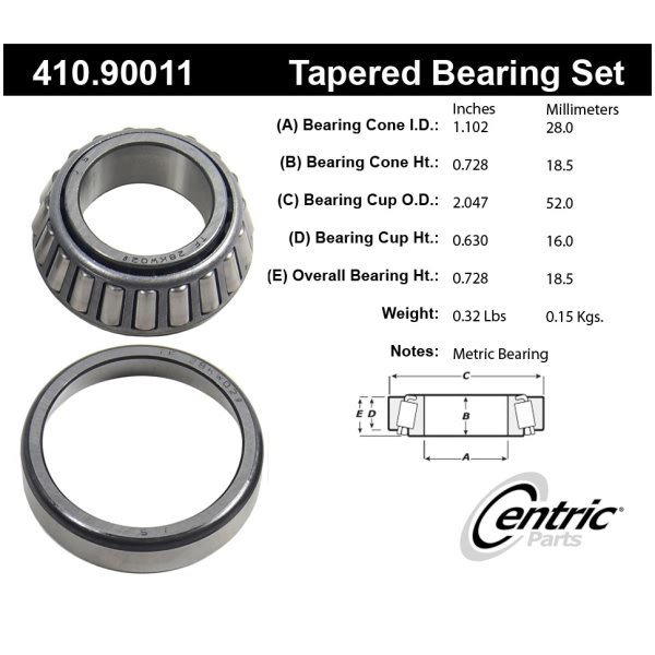 Centric Premium™ Rear Passenger Side Inner Wheel Bearing and Race Set 410.90011