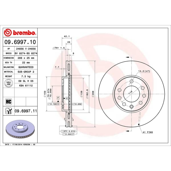 brembo UV Coated Series Vented Front Brake Rotor 09.6997.11