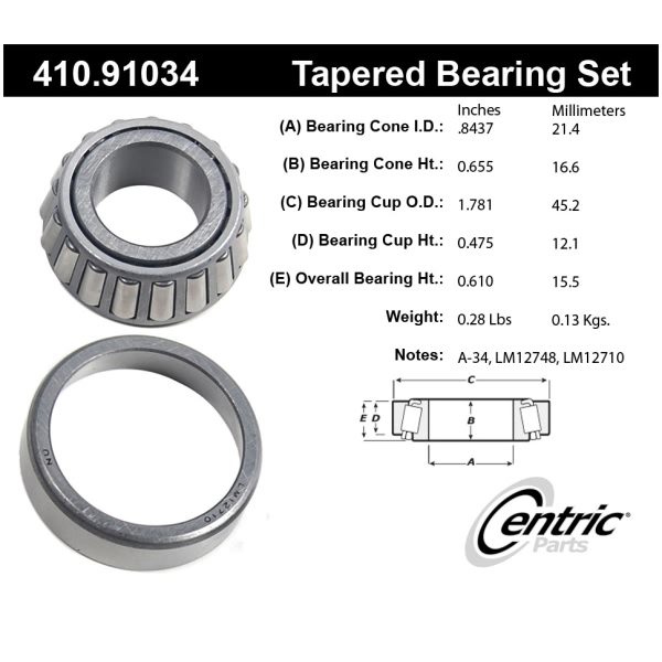 Centric Premium™ Front Driver Side Outer Wheel Bearing and Race Set 410.91034