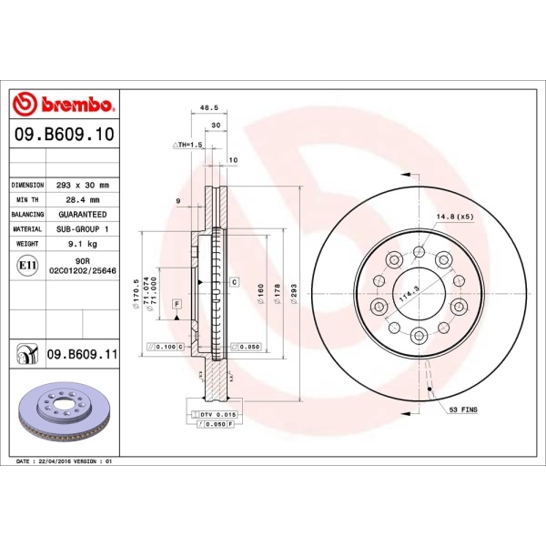 brembo UV Coated Series Vented Front Brake Rotor 09.B609.11