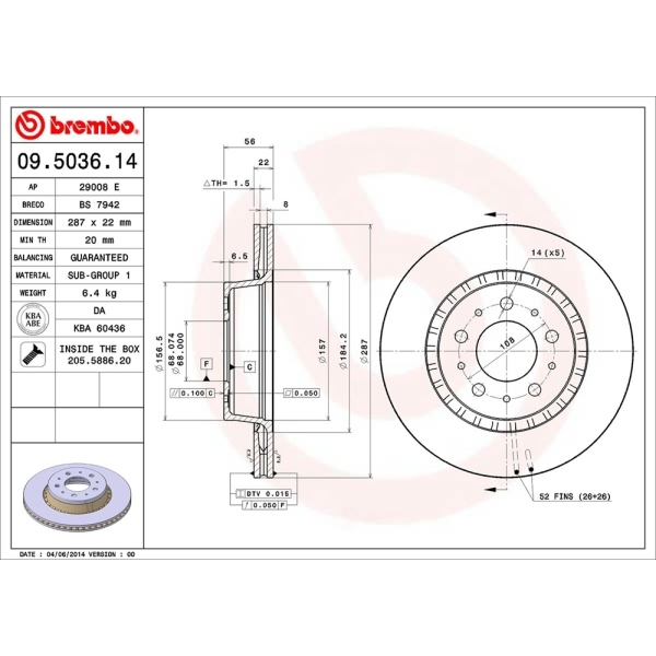 brembo OE Replacement Vented Front Brake Rotor 09.5036.14