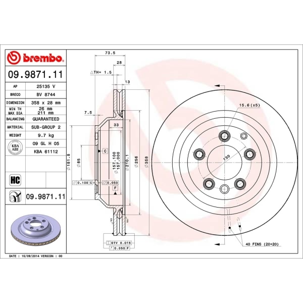 brembo UV Coated Series Vented Rear Brake Rotor 09.9871.11