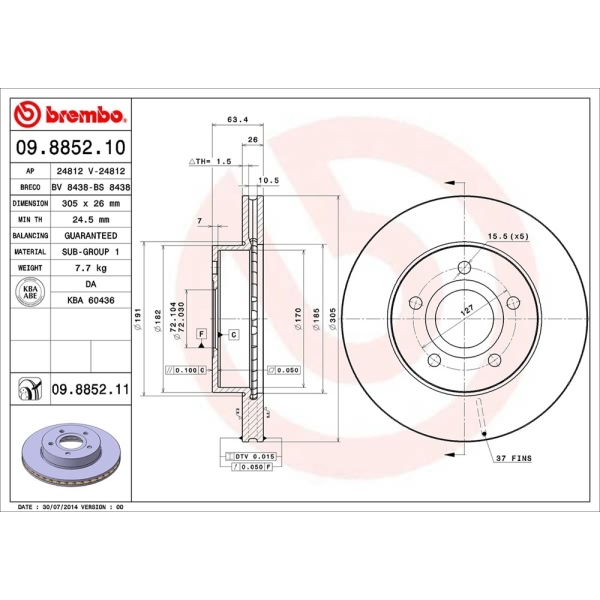 brembo UV Coated Series Vented Front Brake Rotor 09.8852.11