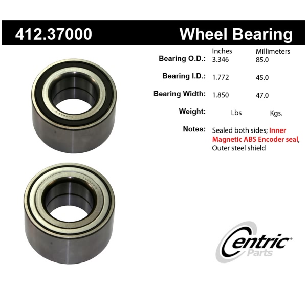 Centric Premium™ Rear Passenger Side Double Row Wheel Bearing 412.37000