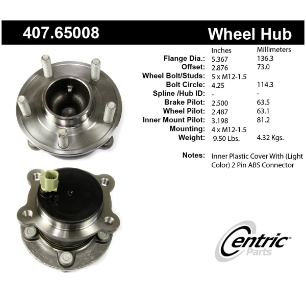 Centric Premium™ Rear Driver Side Non-Driven Wheel Bearing and Hub Assembly 407.65008