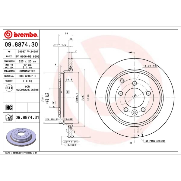 brembo UV Coated Series Vented Rear Brake Rotor 09.8874.31