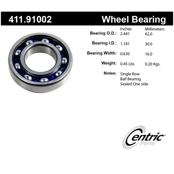 Centric Premium™ Rear Driver Side Inner Single Row Wheel Bearing 411.91002
