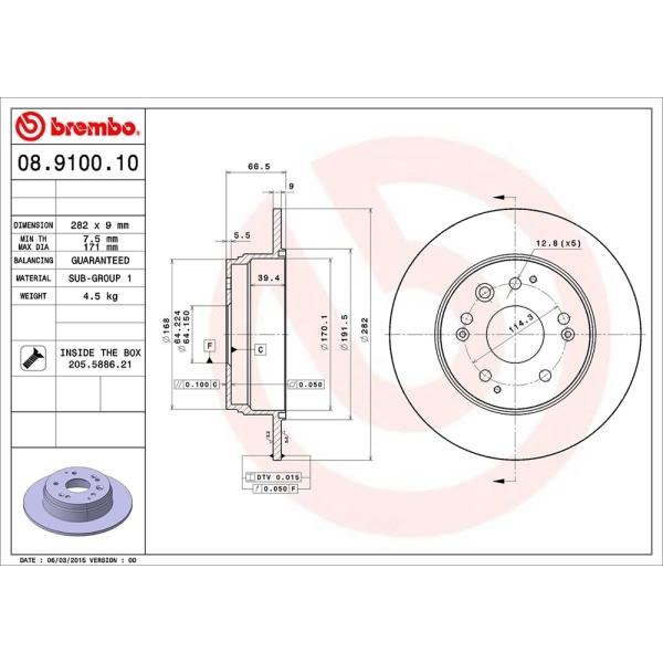 brembo OE Replacement Solid Rear Brake Rotor 08.9100.10