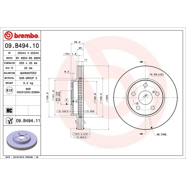 brembo UV Coated Series Vented Front Brake Rotor 09.B494.11