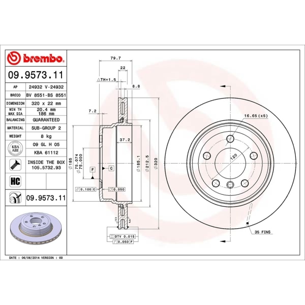 brembo UV Coated Series Vented Rear Brake Rotor 09.9573.11