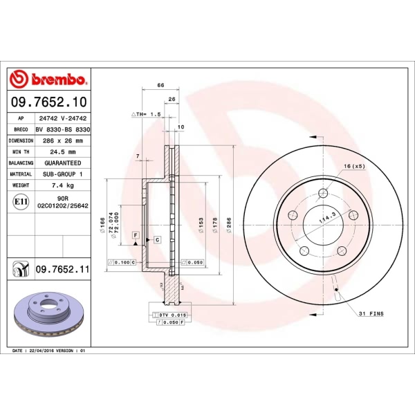 brembo UV Coated Series Vented Front Brake Rotor 09.7652.11