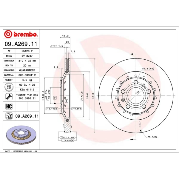 brembo UV Coated Series Vented Rear Brake Rotor 09.A269.11