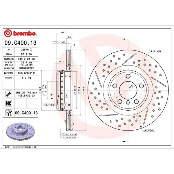brembo OE Replacement Drilled and Slotted Vented Rear Brake Rotor 09.C400.13