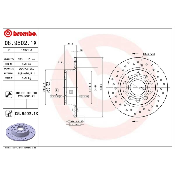 brembo Premium Xtra Cross Drilled UV Coated 1-Piece Rear Brake Rotors 08.9502.1X