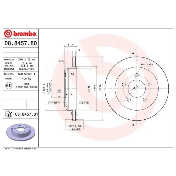 brembo UV Coated Series Rear Brake Rotor 08.8457.81