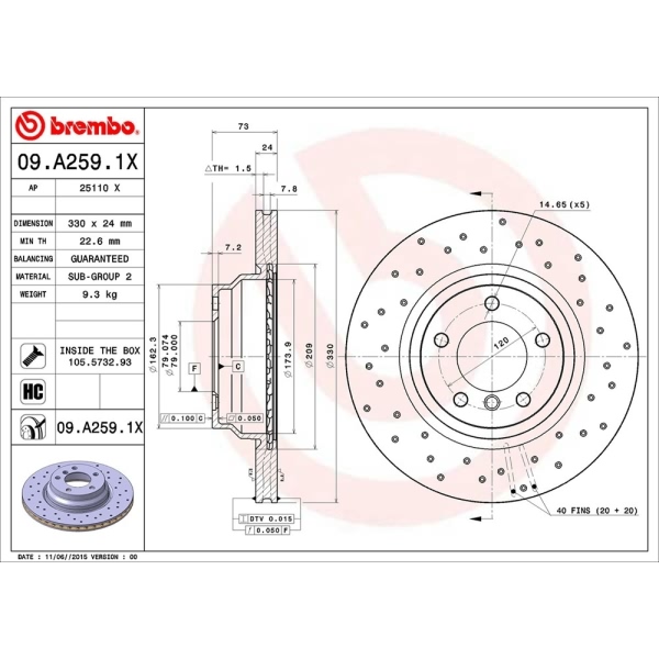 brembo Premium Xtra Cross Drilled UV Coated 1-Piece Front Brake Rotors 09.A259.1X