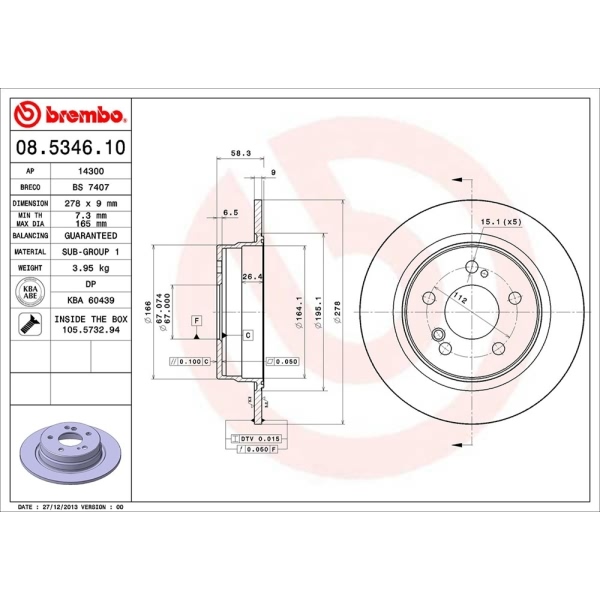 brembo OE Replacement Solid Rear Brake Rotor 08.5346.10