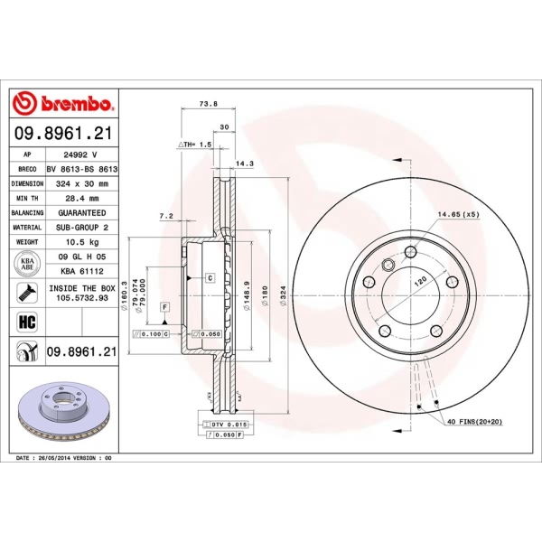 brembo UV Coated Series Vented Front Brake Rotor 09.8961.21