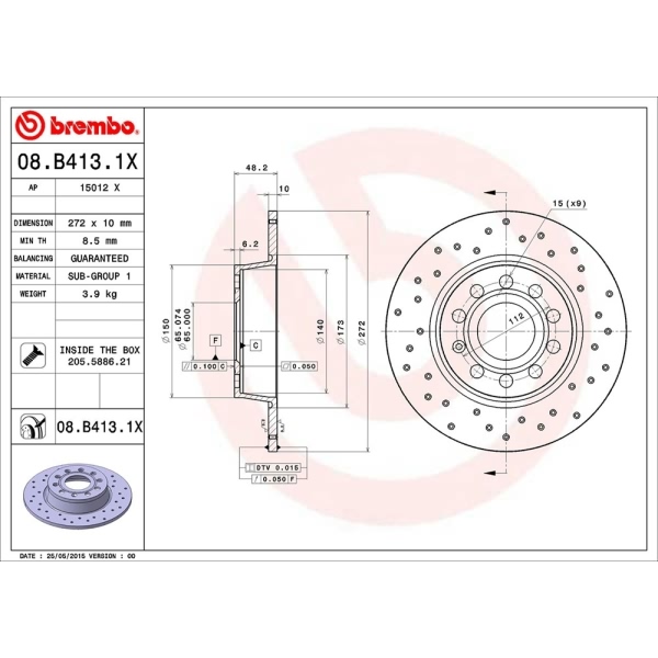 brembo Premium Xtra Cross Drilled UV Coated 1-Piece Rear Brake Rotors 08.B413.1X