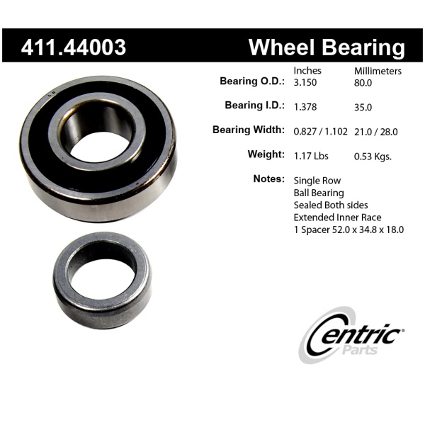 Centric Premium™ Rear Driver Side Single Row Wheel Bearing 411.44003