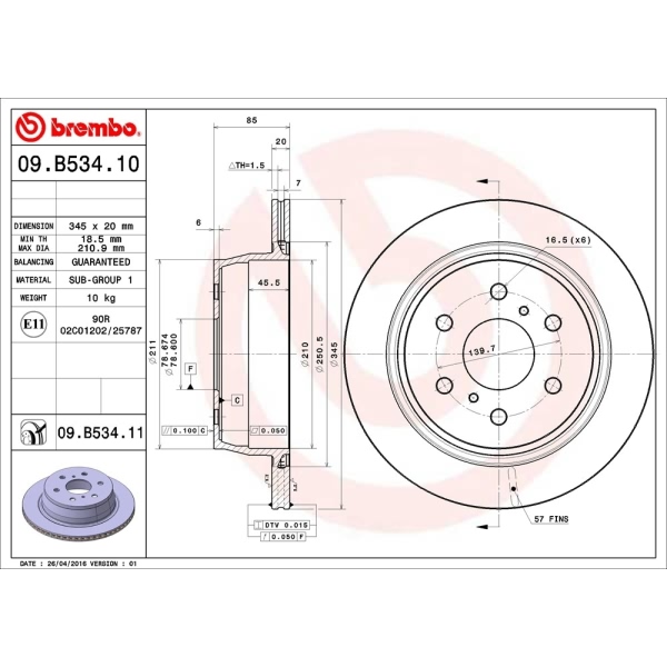 brembo UV Coated Series Vented Rear Brake Rotor 09.B534.11