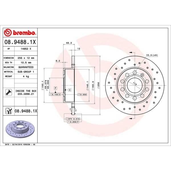 brembo Premium Xtra Cross Drilled UV Coated 1-Piece Rear Brake Rotors 08.9488.1X