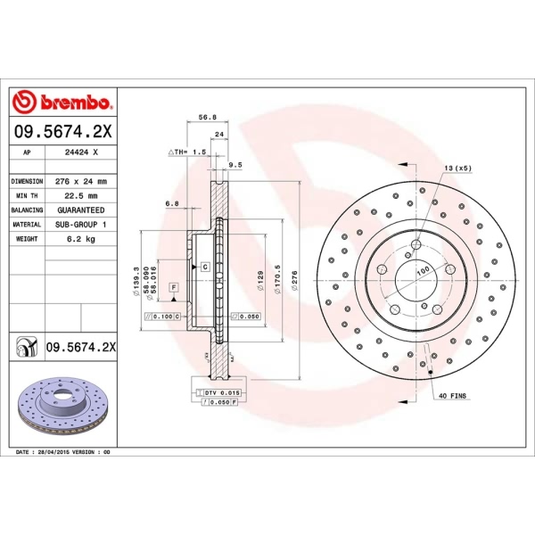 brembo Premium Xtra Cross Drilled UV Coated 1-Piece Front Brake Rotors 09.5674.2X