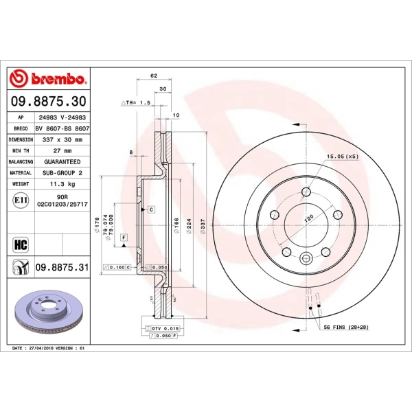 brembo UV Coated Series Vented Front Brake Rotor 09.8875.31
