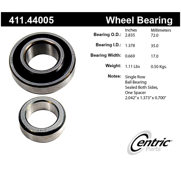 Centric Premium™ Rear Driver Side Single Row Wheel Bearing 411.44005