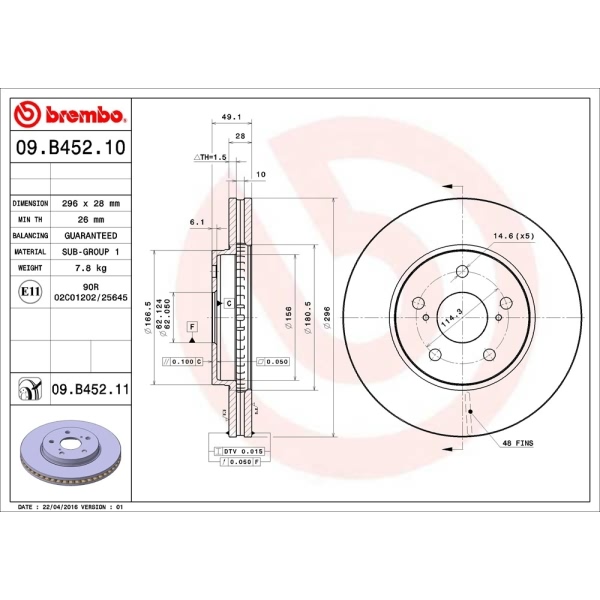 brembo UV Coated Series Vented Front Brake Rotor 09.B452.11