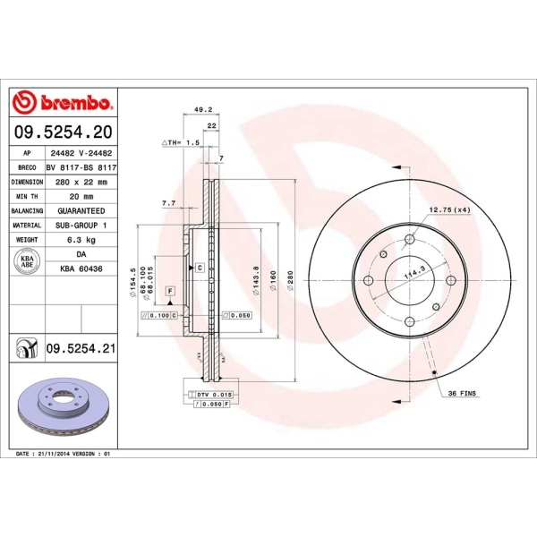 brembo UV Coated Series Vented Front Brake Rotor 09.5254.21