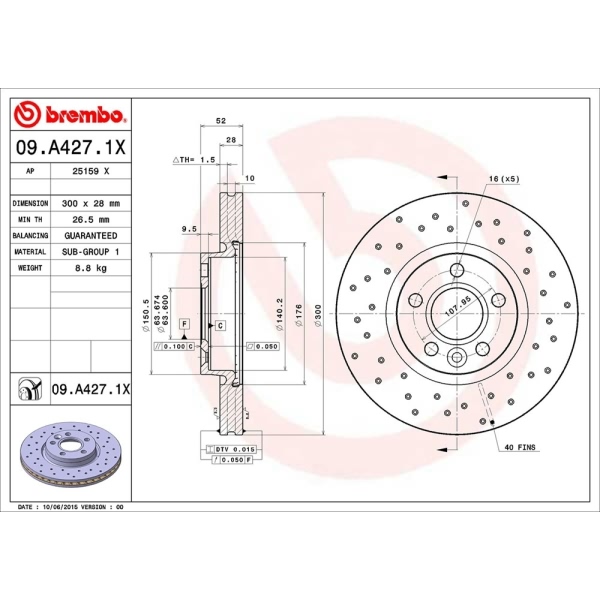 brembo Premium Xtra Cross Drilled UV Coated 1-Piece Front Brake Rotors 09.A427.1X