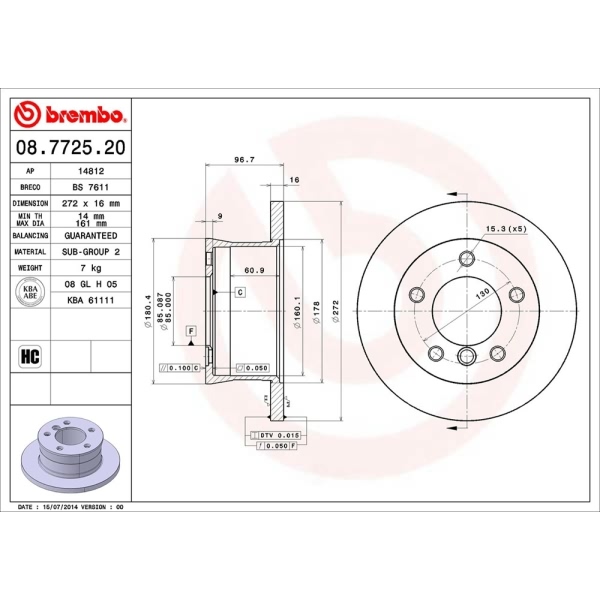 brembo OE Replacement Solid Rear Brake Rotor 08.7725.20