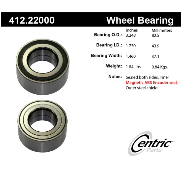 Centric Premium™ Rear Driver Side Double Row Wheel Bearing 412.22000