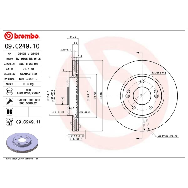 brembo UV Coated Series Vented Front Brake Rotor 09.C249.11