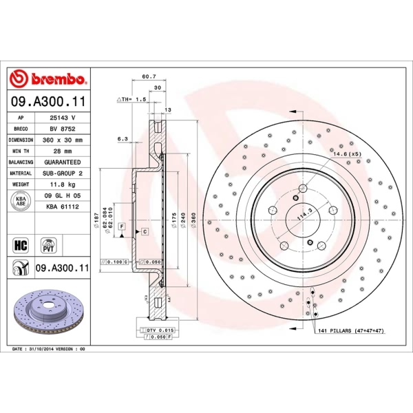 brembo UV Coated Series Drilled Vented Front Brake Rotor 09.A300.11
