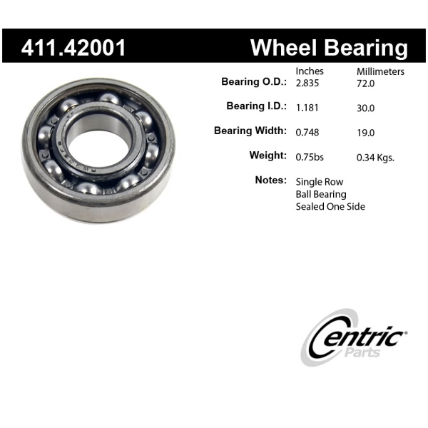 Centric Premium™ Rear Passenger Side Outer Single Row Wheel Bearing 411.42001