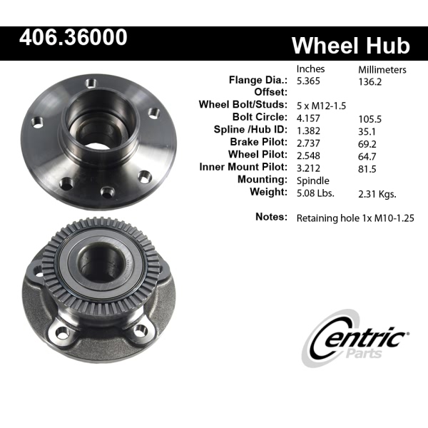 Centric C-Tek™ Front Passenger Side Standard Non-Driven Wheel Bearing and Hub Assembly 406.36000E