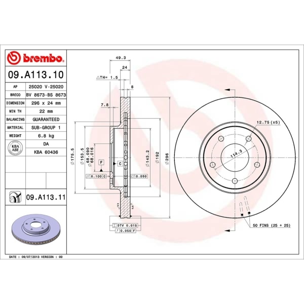 brembo UV Coated Series Vented Front Brake Rotor 09.A113.11