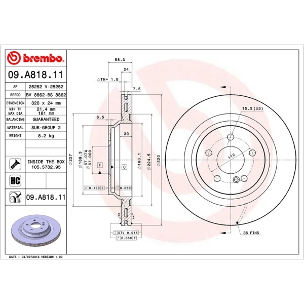 brembo UV Coated Series Vented Rear Brake Rotor 09.A818.11