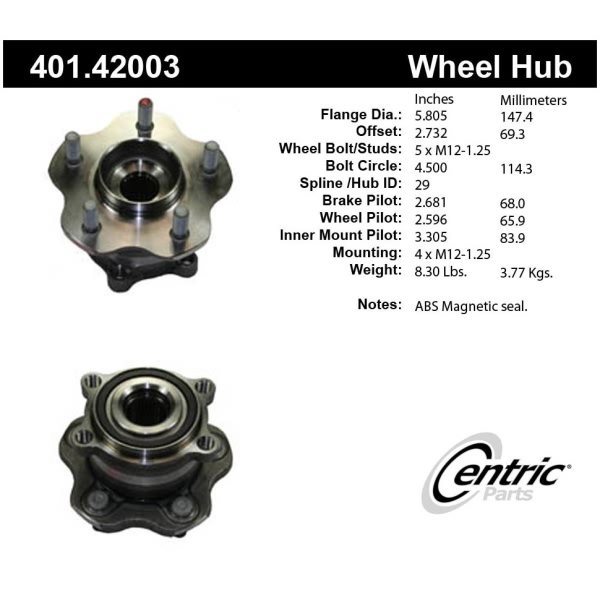 Centric Premium™ Hub And Bearing Assembly; With Abs Tone Ring / Encoder 401.42003