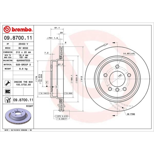 brembo UV Coated Series Vented Rear Passenger Side Brake Rotor 09.8700.11