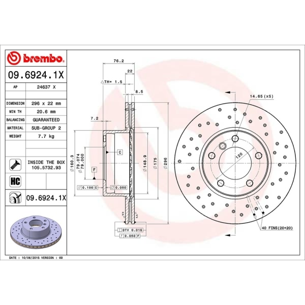 brembo Premium Xtra Cross Drilled UV Coated 1-Piece Front Brake Rotors 09.6924.1X