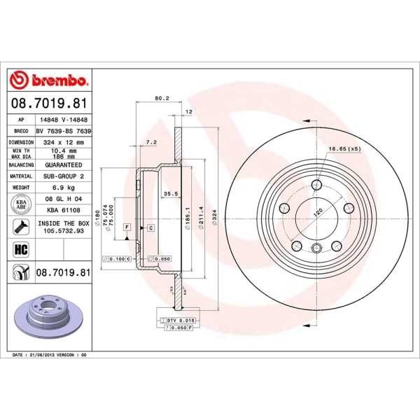 brembo UV Coated Series Solid Rear Brake Rotor 08.7019.81