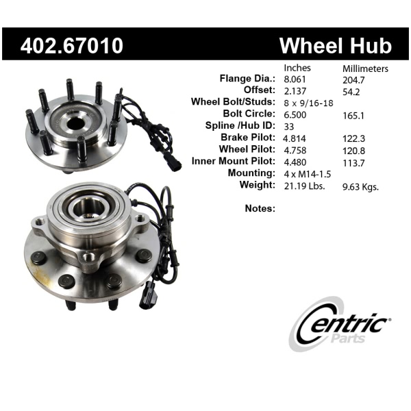 Centric Premium™ Front Passenger Side Driven Wheel Bearing and Hub Assembly 402.67010