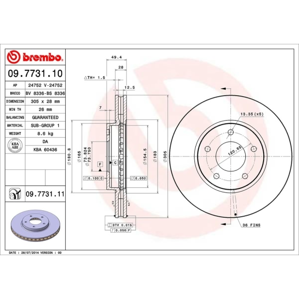 brembo UV Coated Series Vented Front Brake Rotor 09.7731.11