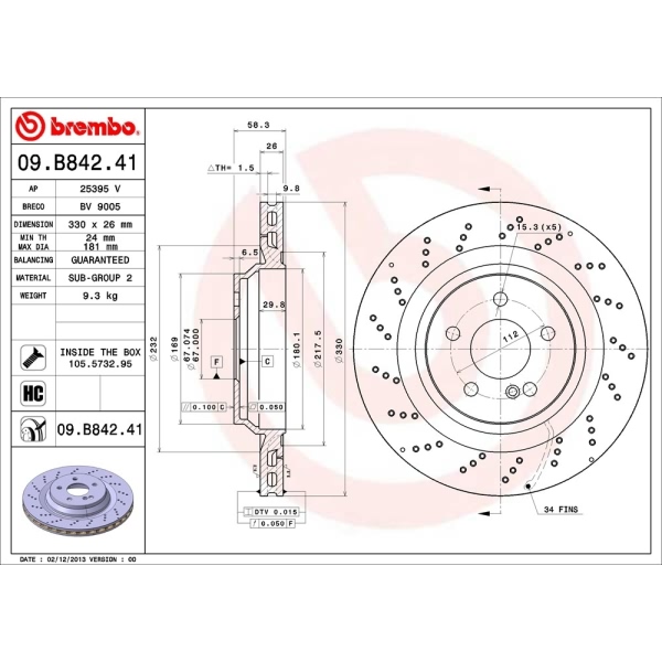 brembo UV Coated Series Drilled Vented Rear Brake Rotor 09.B842.41